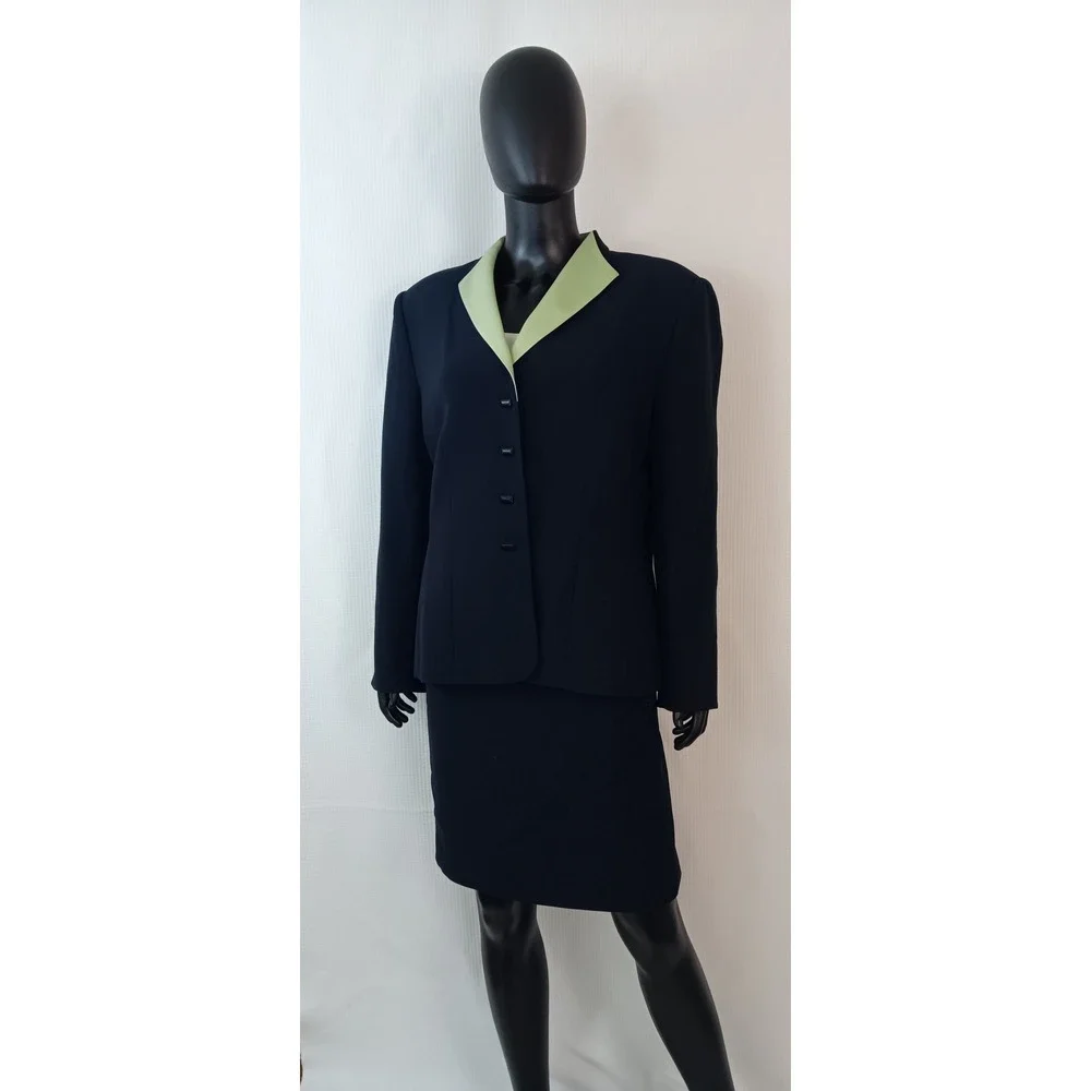 Kasper ASL Womens Skirt Suit Set Navy Blue Lime Green Trim Size 16 Blazer Skirt